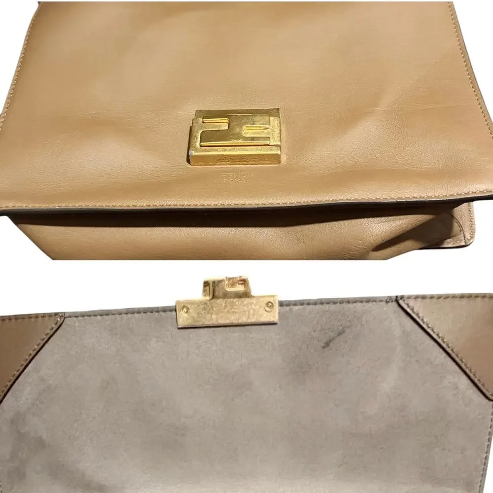 Fendi Kan I Medium FF Logo Print Flap Shoulder Bag Gold Chain Crossbody Khaki